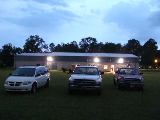 The lot for the Starry Night Drive-In in Fort Valley, Georgia. This is not a traditional drive-in but a makeshift set-up in a field behind a Boys Girls Club in a residential neighborhood.