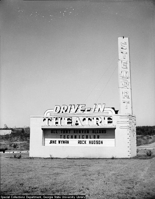 The marquee at the Stewart Drive-In from February 13, 1956. File name LBCB041-005d. Image is from Special Collections and Archives, Georgia State University Library.