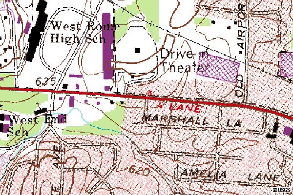 Topographical map of the West Rome Drive-in