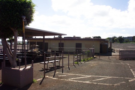 rear view of snack bar.  projection booth is on the near left.