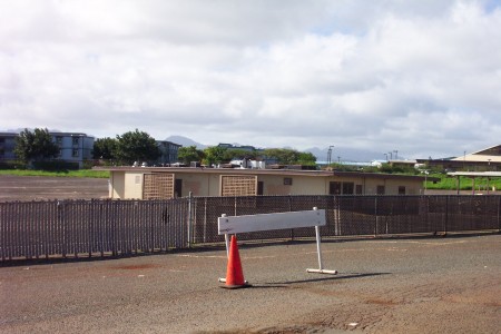 side view of snack bar with fence still in place that separated the two screens.