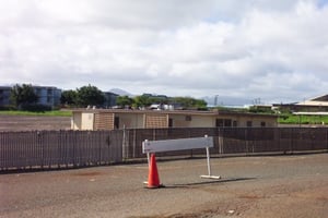 side view of snack bar with fence still in place that separated the two screens.