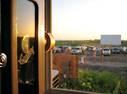 This photo was taken from inside the projector room towards the screen. The projector lens is on the left.