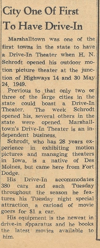 Here is an ad with correct info for the Marshalltown IA drive-in you can ad to your site. I will try to get an exact closing date was mid to late 80's and a picture if I can find one.