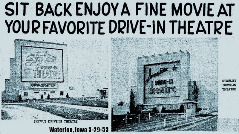 Skyvue and Starlite drive-ins, Waterloo advertisement in newspaper dated May 29, 1953
