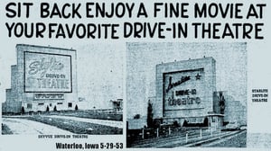 Skyvue and Starlite drive-ins, Waterloo advertisement in newspaper dated May 29, 1953