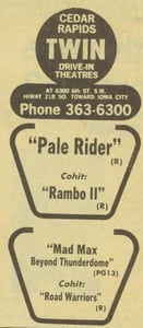 Ad in the Cedar Rapids Gazette July 17.1985.  No other drive-ins advertised in this day's newspaper.