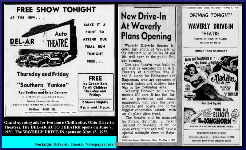 Grand opening ad and article for Waverly Drive-in. May 15, 1953.