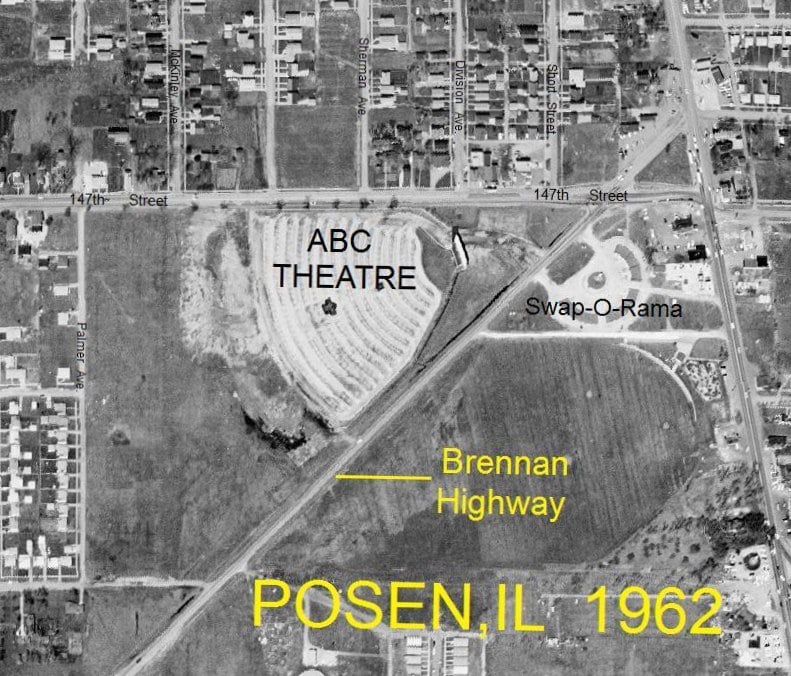 This is an aerial view of Posen,IL.in 1962 which shows the ABC Theatre.My father took our family here we had many wonderful memories at this theatre.The order no. from NETR online aerials is 6777.
