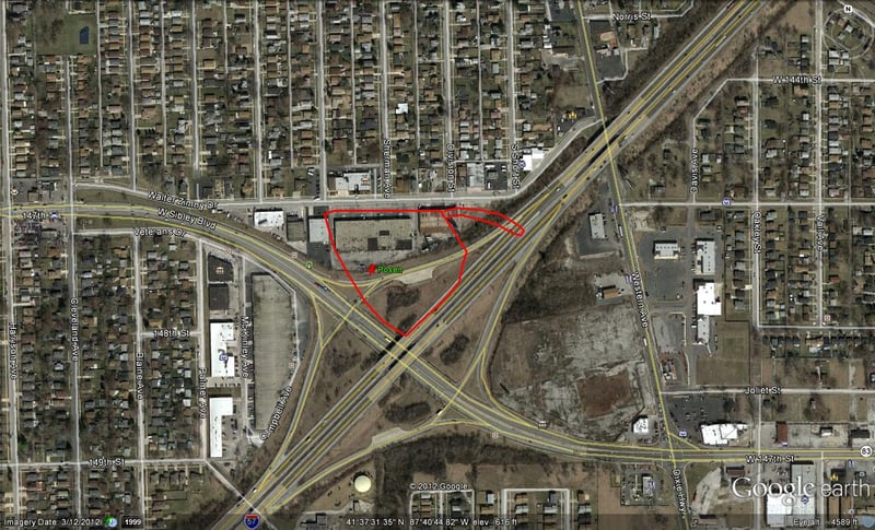 Google Earth image with outline of former site now part of I-57 at 147th St.