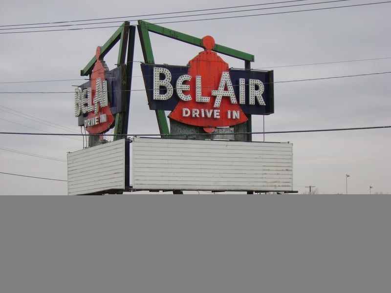 The remarkably well-preserved marquee for the Bel-Air Drive-In sits across the street from a Hen House eatery. Nothing remains of the facility, but the lot is for sale!