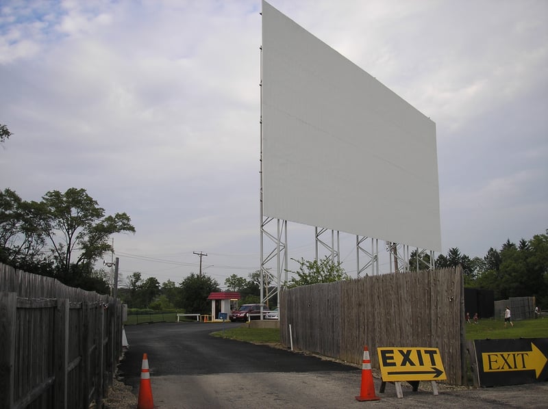 Cascade Drive-In ticket booth, entrance, and screen.