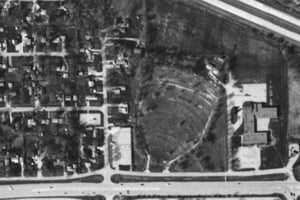 TerraServer image showing faint ramp remains, outline, and driveway.