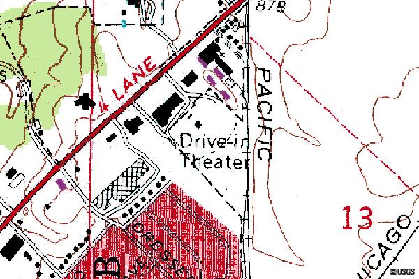 Topographic map from 1988 listing the drive-in.