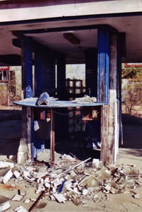 One of the destroyed ticket booths