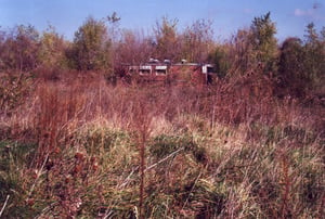 Projection booth sitting lonely on the overgrown field