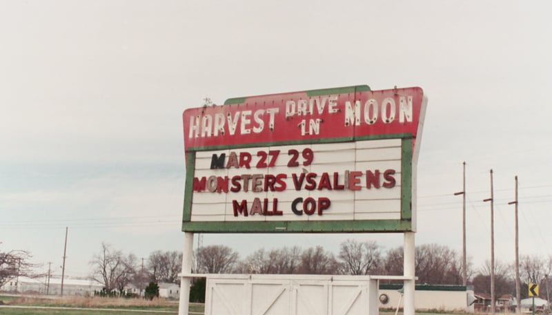 Marquee of the first movies shown in the 2009 Season. Opening weekend was march 27-29, 2009.  At least part of electricity used was generated from Windspire and Skystream wind generators.