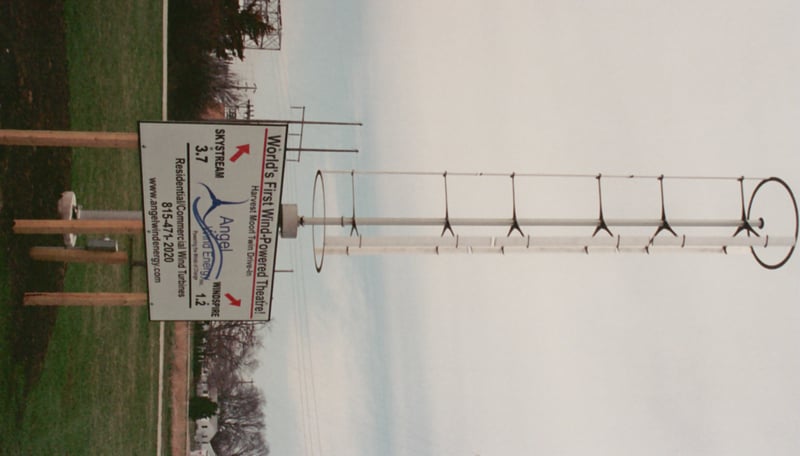 Moriah Windspire and Skystream wind generators provide some of the electricity used at Harvest Moon Drive-In Theatre. These are a demonstration project of Angel Wind Energy Co. of Onarga, ILwww.angelwindenergy.com.