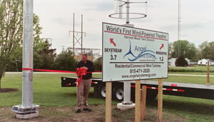 The Skystream and Windspire towers that generate electricity for Harvest Moon Drive - In Theatre at Gibson City, A demonstration project by Angel Wind Energy of Onarga, IL