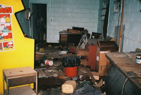 Trashed office in the base of the screen tower.