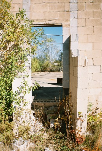 Overgrown and crumbling opening in a cinder block wall near the screen.  Passage leads to the batting cages.