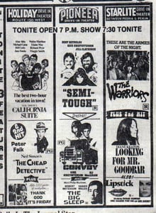 Advertisement from the April 1979 Peoria Journal Star for the three area Kerasotes Drive-Ins, The Holiday, The Starlite, and The Pioneer.