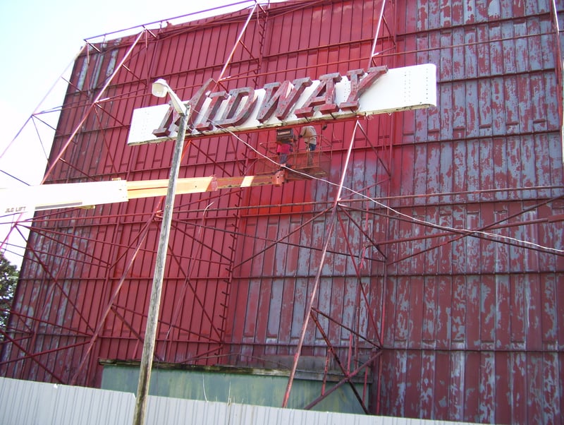 Photo of the Midway Drive-In screen restoration in Dixon Illinois. Taken during Phase One of the Midway Drive-In restoration August 2007.