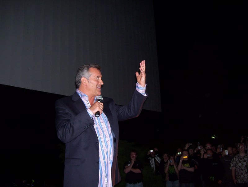 Film TV star Bruce Campbell BURN NOTICE, ARMY OF DARKNESS appears in person at the Midway Drive-In. Bruce signed autographs for fans and performed live for the audience.