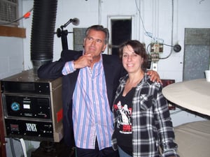 Midway Drive-In owner Mia Kerz with film and TV star Bruce Campbell. Bruce Campbell appeared live at the Midway Drive-In for the Flashback Weekend Film Festival in September 2010. www.themidwaydrivein.net