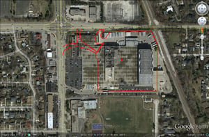 Google Earth image with outline of former site-entranceexits on both Waukegan and Golf Rds.