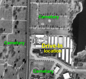 Satellite photo of where the Pekin Drive-In was located. Also shows the surrounding cemetaries - the reason so many groups were protesting the construction of the drive-in back in the 1950's.