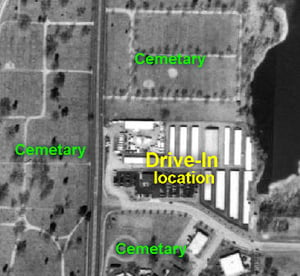Satellite photo of where the Pekin Drive-In was located.  Also shows the surrounding cemetaries - the reason so many groups were protesting the construction of the drive-in back in the 1950's.