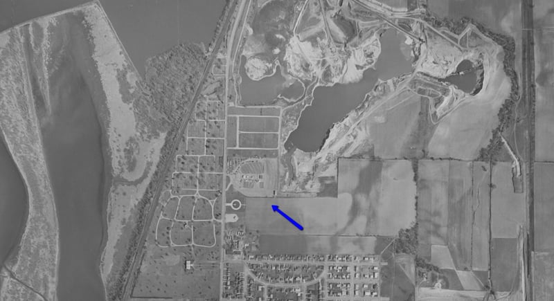 Aerial photo of site from 1956. Drive-In was closed in 1954 after a tornado demolished it.
