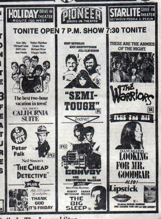 Advertisement from the April 1979 Peoria Journal Star for the 3 area Kerasotes Drive-Ins, The Pioneer, The Holiday, and The Starlite