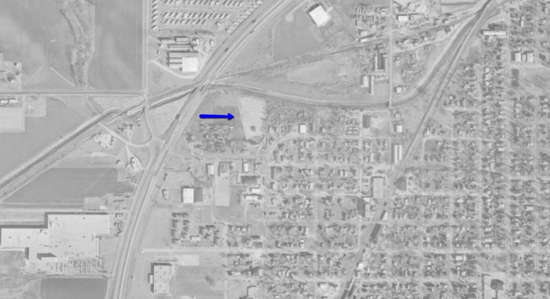 Aerial photo showing location of drive-in as W Custer Ave  N Ladd St