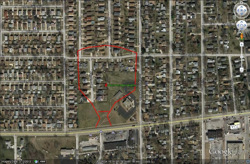 Google Earth image with outline of former site