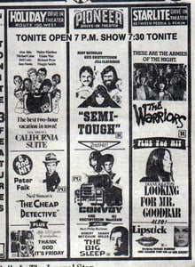 Advertisement from the April 1979 Peoria Journal Star for the 3 area Kerasotes Drive-Ins, The Starlite, The Pioneer, and The Holiday