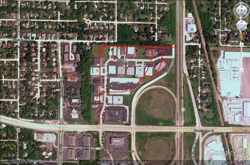 Google Earth image with outline of former site-actually located in the village of Gurnee