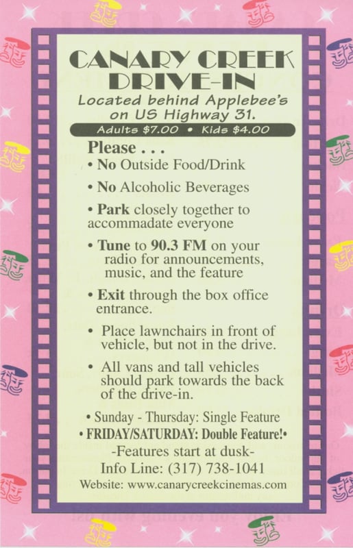 Here is a flyer they're handing out at the drive-up ticket booth at the entrance. We learned that they show movies seven nights a week.