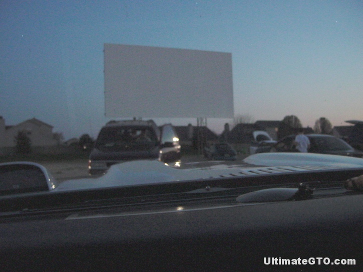 Looking over the hood scoops to view the perfect 40 x 60 foot screen.  The Canary Creek Drive-In was featured as a stop on the "2007 Drive-In Movie Tour" which was conducted by UltimateGTO.com, encouraging people to visit all 21 of the operating drive-ins