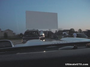Looking over the hood scoops to view the perfect 40 x 60 foot screen.  The Canary Creek Drive-In was featured as a stop on the "2007 Drive-In Movie Tour" which was conducted by UltimateGTO.com, encouraging people to visit all 21 of the operating drive-ins