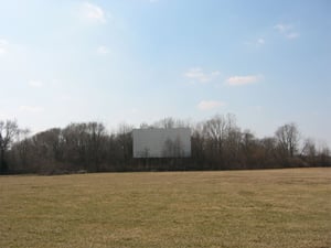 This is the screen, as seen from the middle of the field.  It is in very, very solid condition, and needs only a paint job.
