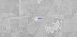 Aerial photo from 1949 of drive-in location on southeast corner of Lafayette Ave and E Hawthorne Ave.