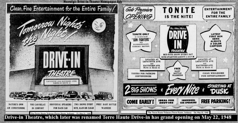 Grand opening ads for the Terre Haute Drive-in dated May 21  22, 1948