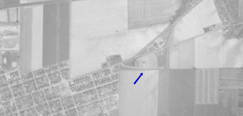 Aerial photo from 1956 of drive-in on Hwy 62  State St, Mt Vernon, IN.