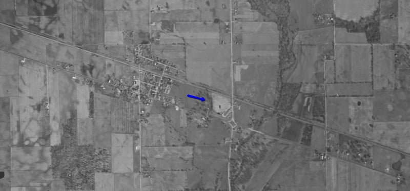 Aerial photo from 1961 of drive-in location east of Fountaintown on US 52.