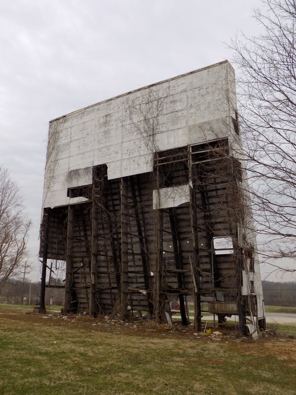 The Paoli Drive-in screen, front view, as of March 24, 2015. I fear not many years left before it falls down.