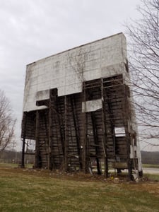 The Paoli Drive-in screen, front view, as of March 24, 2015.  I fear not many years left before it falls down.