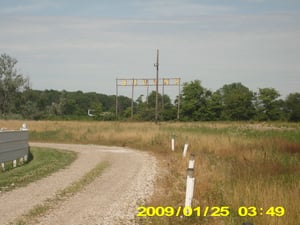 The highway sign of the Sky Vue, seen from the drive-in's driveway.