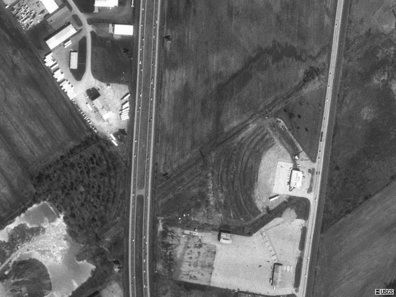 Here is an aerial shot of the old Theatair X drive-in near Clarksville, IN. Note in the shot that there is a heavily overgrown set of ramps to the left (west) of the interstate (I-65): This was formerly a double screen operation that lost one of them when